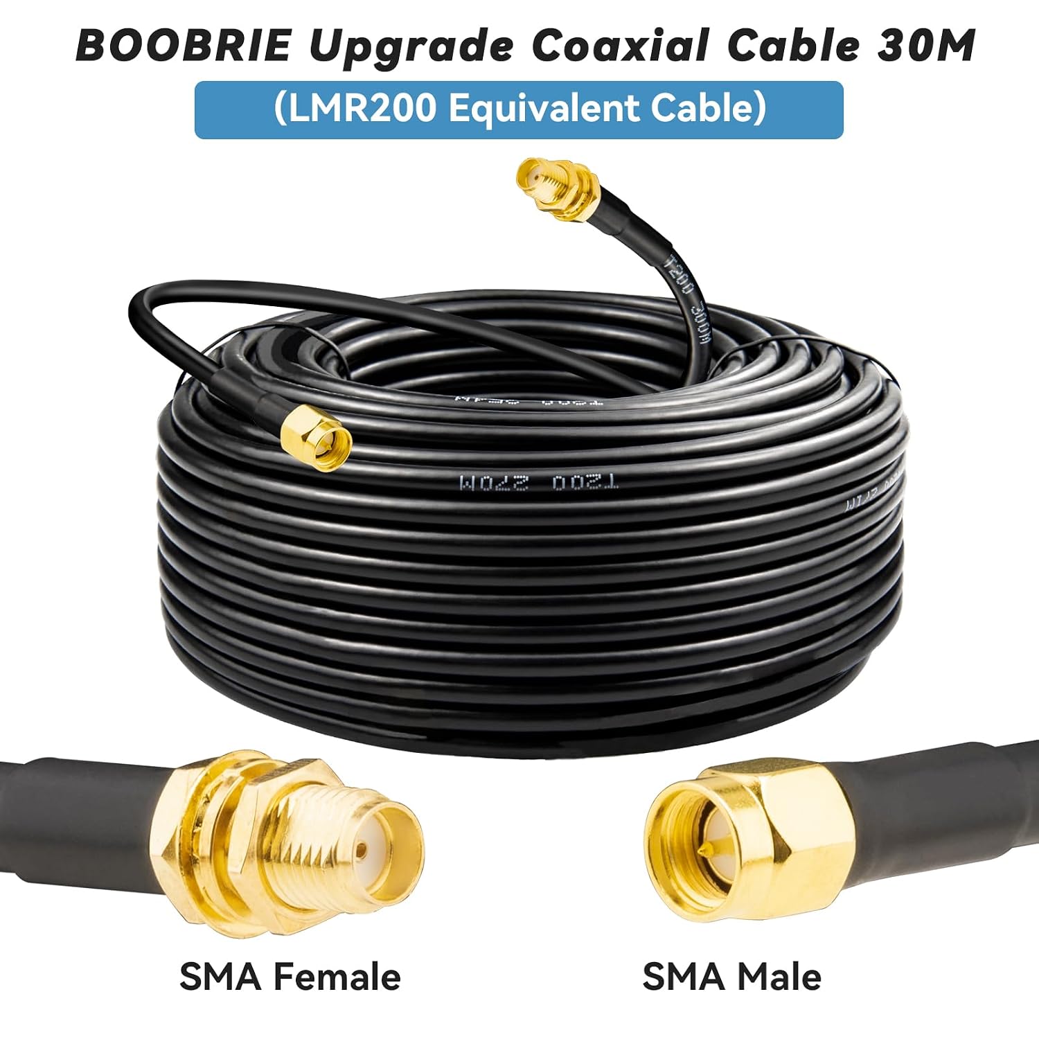 Detalle 2 de BOOBEIR 30M LMR200 Equivalent SMA Male to SMA Female Coaxial Cable (50 Ohm) – Ultra Low-Loss Extension for 5G/6G, WiFi 6E, GPS & More