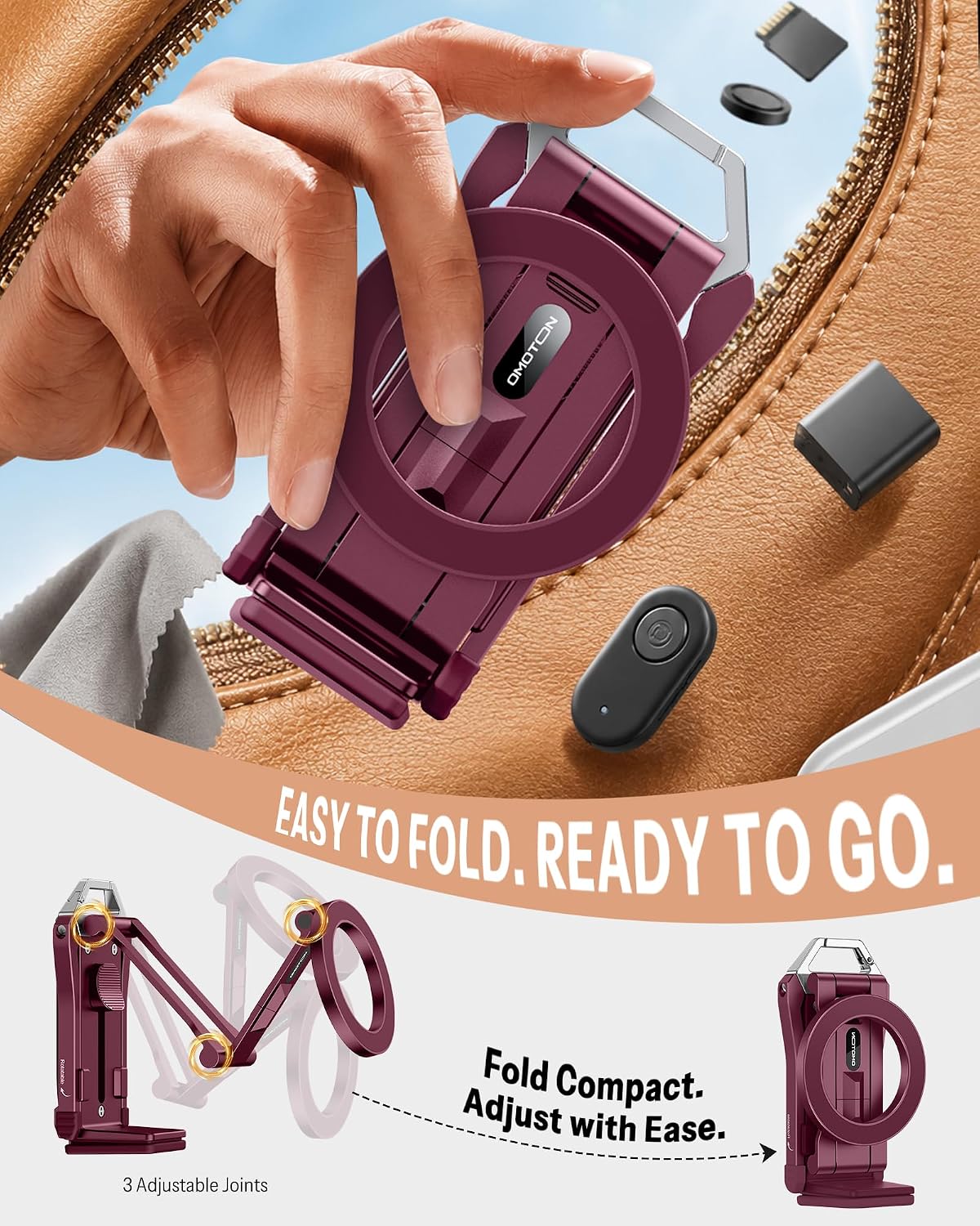 Thumbnail 6 de OMOTON TP02-Wine Red Magnetic Phone Tripod, 360° Rotation, Foldable