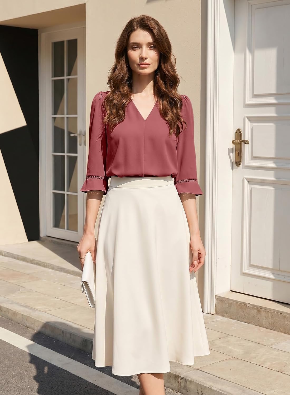 Detalle de EVALESS Women’s 3/4 Sleeve Pleated V-Neck Blouse (Casual Professional Style)