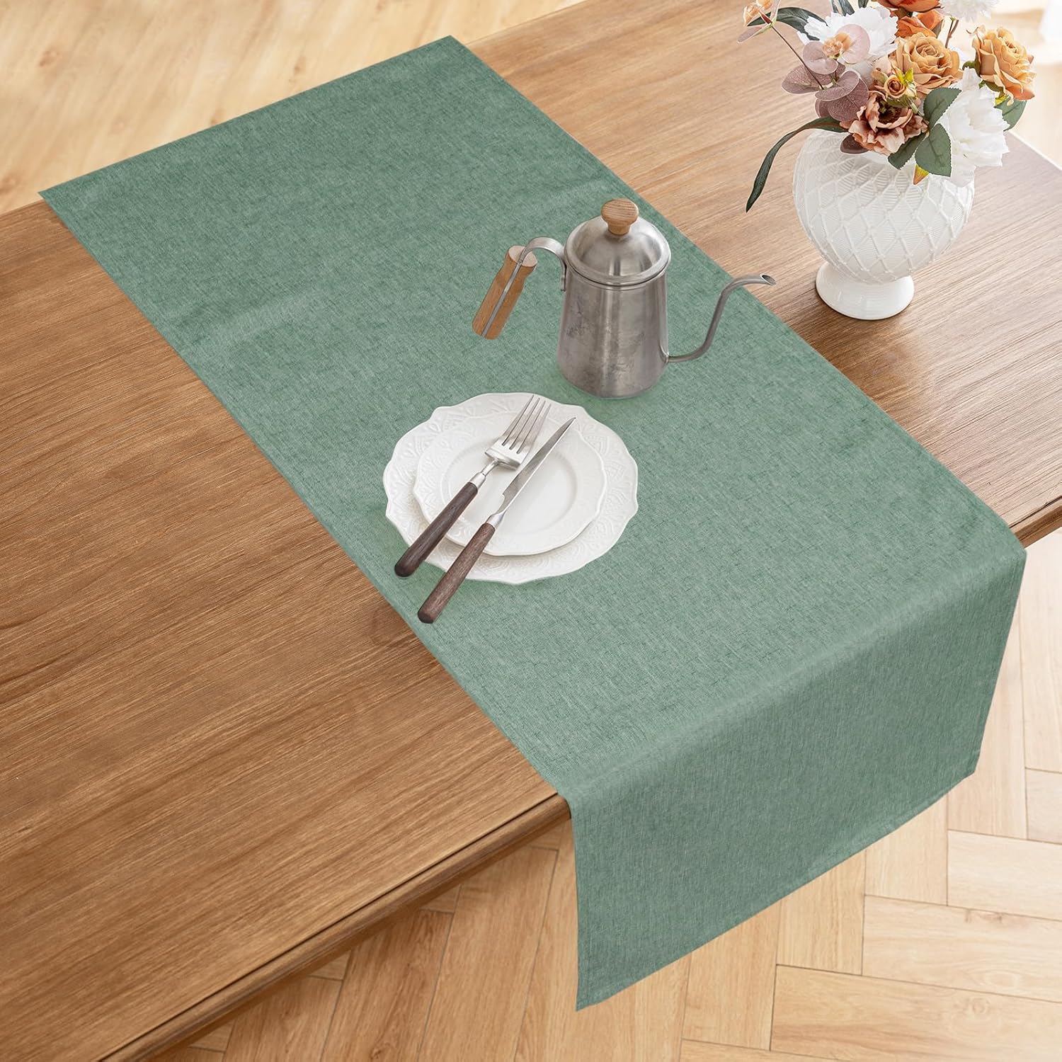 Detalle de AooHome Tischdecke Abwaschbar Grün 160x300 cm – Leinenoptik, wasserabweisend, kratzfest