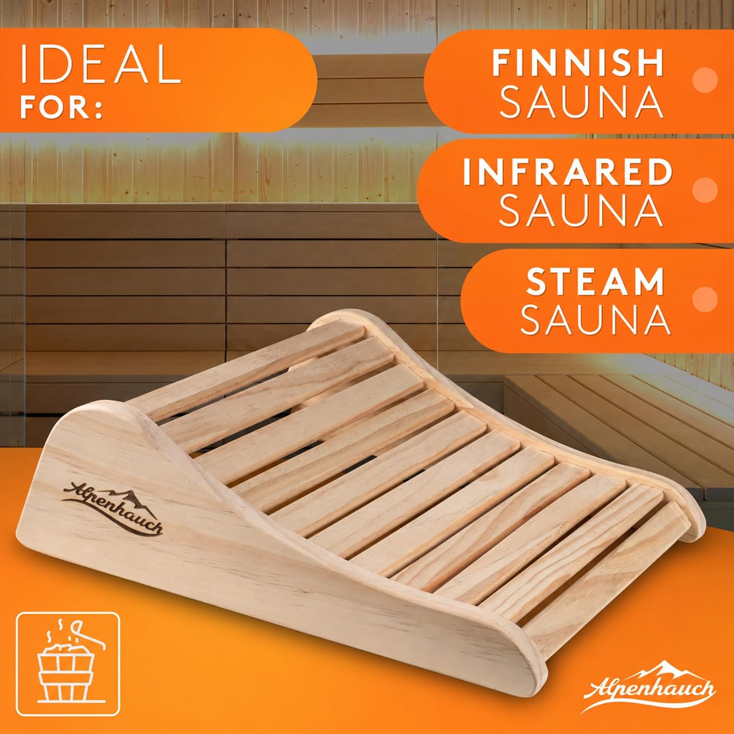 Detalle de ALPENHAUCH ALP-KO1000 Wooden Sauna Headrest, Ergonomic, 100% Natural Wood