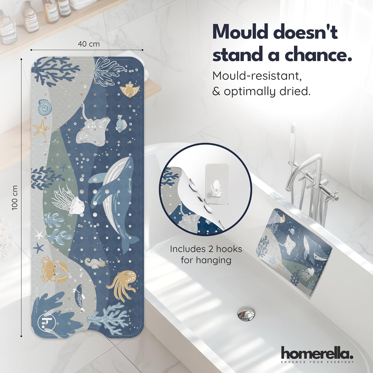 Thumbnail 2 de Homerella Bath Mat Non Slip Anti Mould Kids 100x40cm Deep Blue Sea