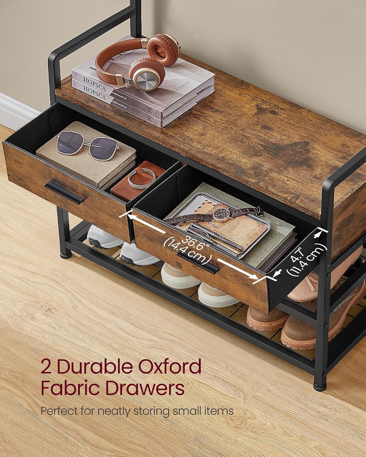 Detalle 2 de VASAGLE UHSR429B01 Hall Tree with Bench, 10 Hooks and Fabric Drawers