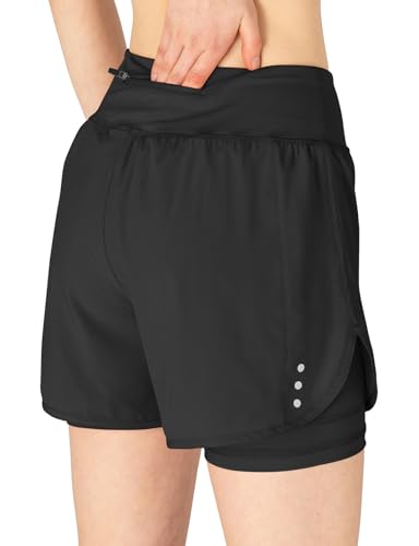 Detalle de donhobo Damen Sport Shorts 2-in-1 kurz 2-in-1 Laufshorts Schnelltrocknend Schwarz M