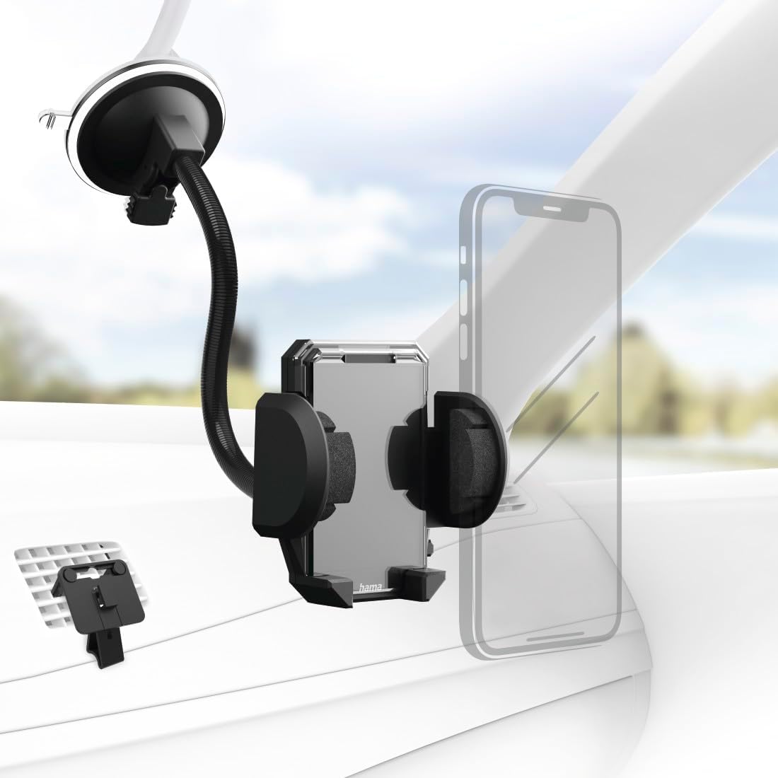 Thumbnail 1 de Hama Handyhalterung Auto für Lüftung & Scheibe, universal bis 11 cm Breite – 360° drehbar, Klemmhalter & Saugnapf (schwarz)