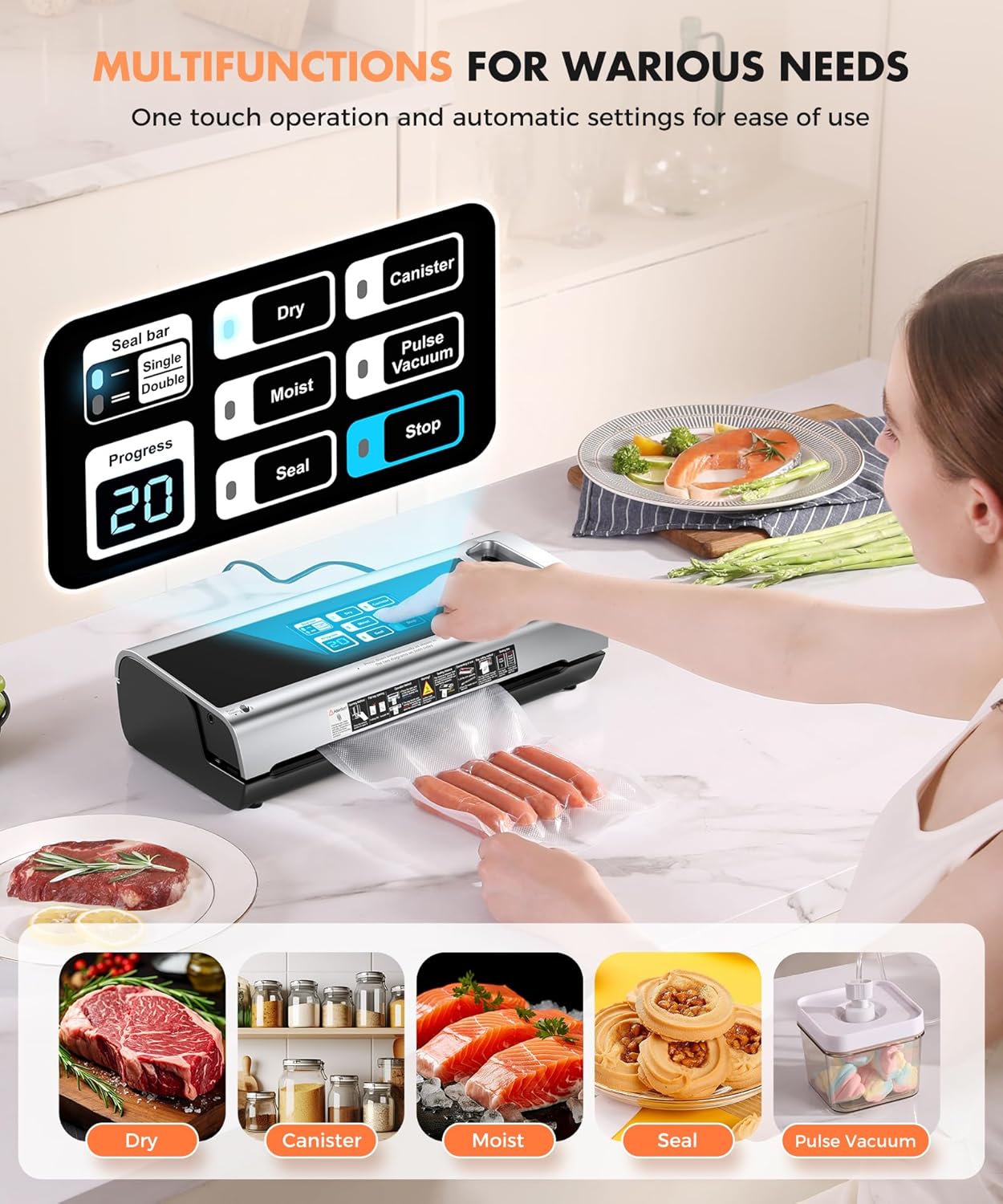 Thumbnail 1 de LKKNC Food Vacuum Sealer Machine (95KPa) with Dry/Moist/External Vacuum Modes, Built-in Cutter & Bag Storage