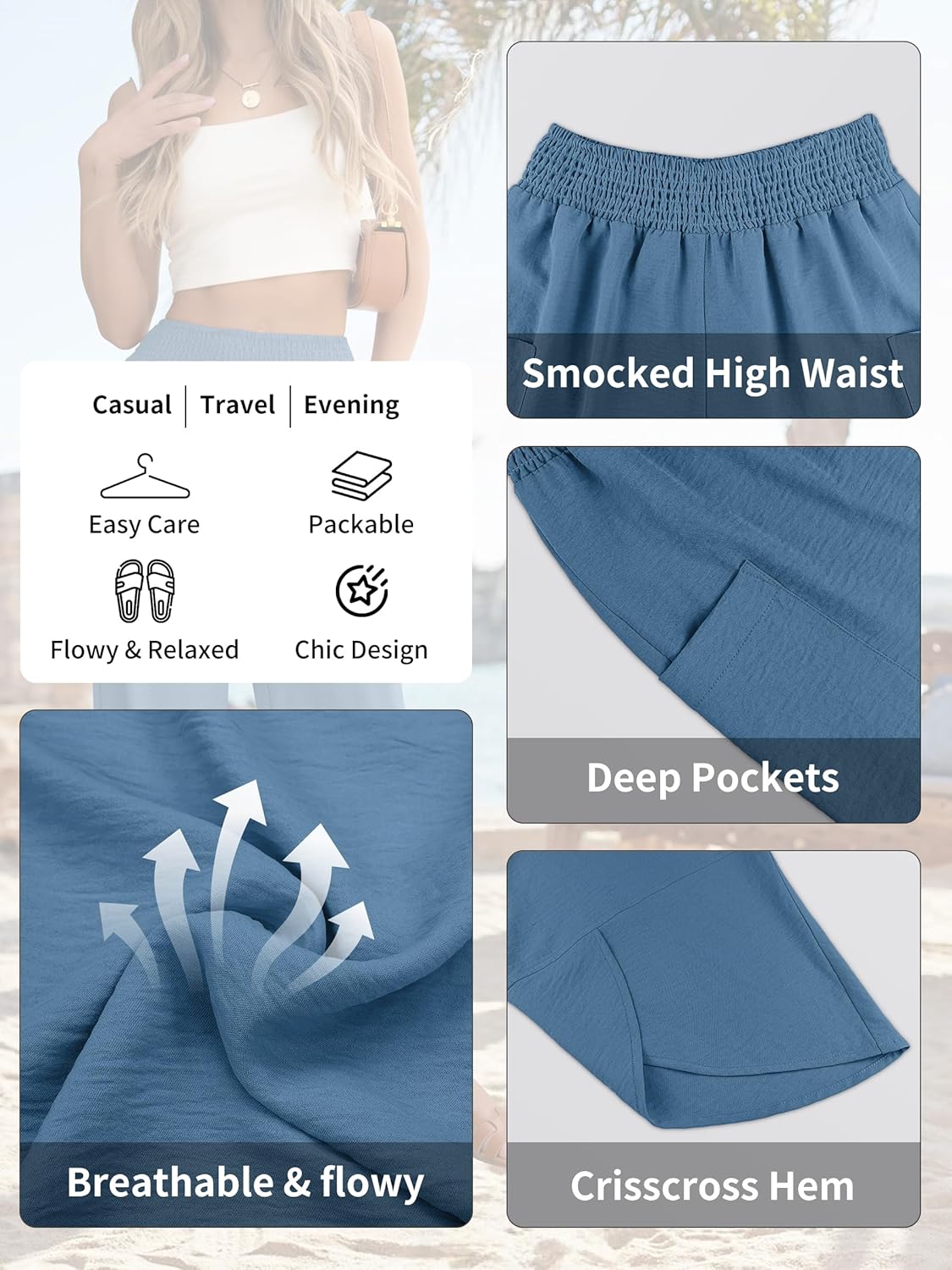 Thumbnail 5 de ANRABESS Women’s Wide-Leg Palazzo Capri Pants (Summer High-Waisted) — Loose, Cropped Lounge Trousers