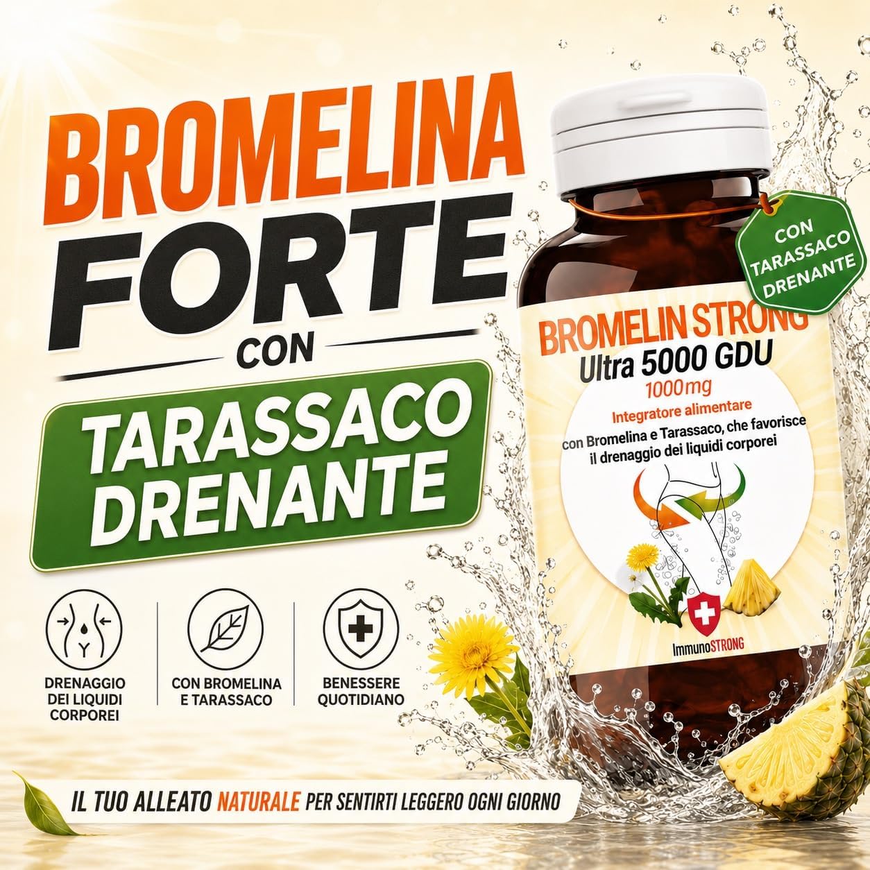 Detalle de Bromelina Forte Drenante 5000 Gdu Purissima con Tarassaco – ImmunoSTRONG, 120 Compresse
