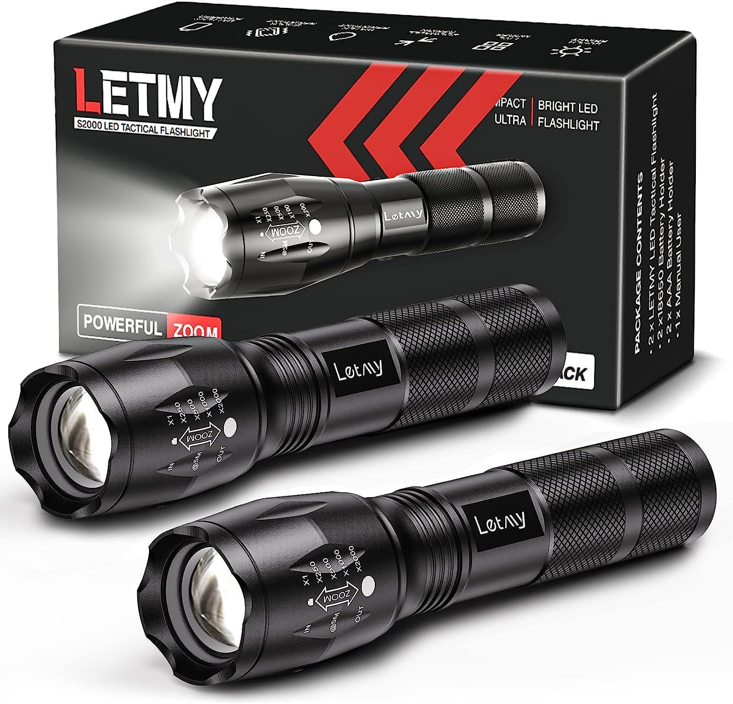 Detalle de LETMY S2000-2 Pack Tactical Flashlights, 5 Modes, Adjustable Focus