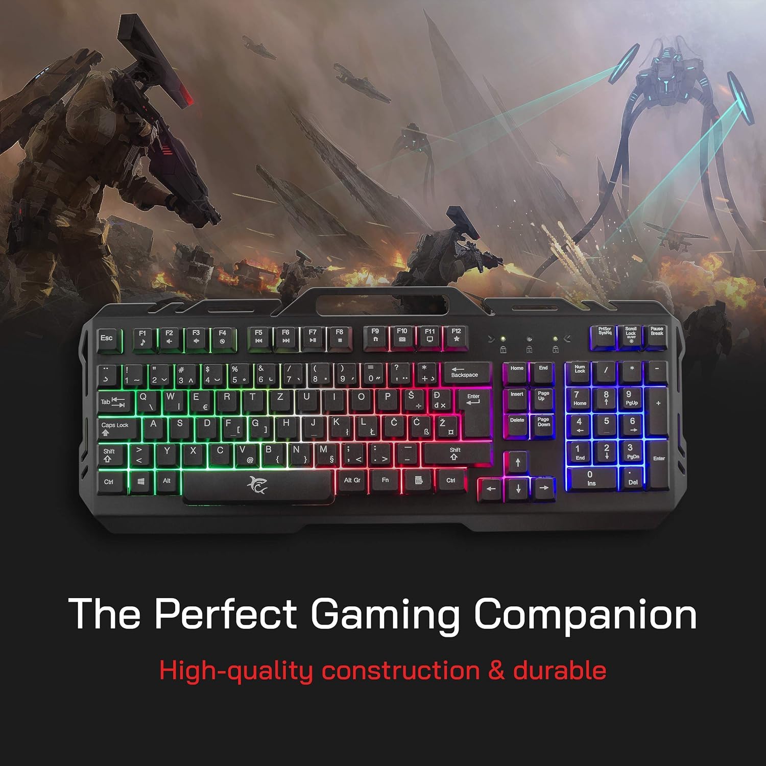 Thumbnail 1 de White Shark GK-1923 Gladiator-2 Gaming Keyboard - UK Layout, LED RGB Backlit, Metal Framed With Phone Holder, Silent Non-Conflict Membrane Keys for PC, PS4, Xbox
White Shark GK-1923 Gladiator-2 Gaming Keyb…