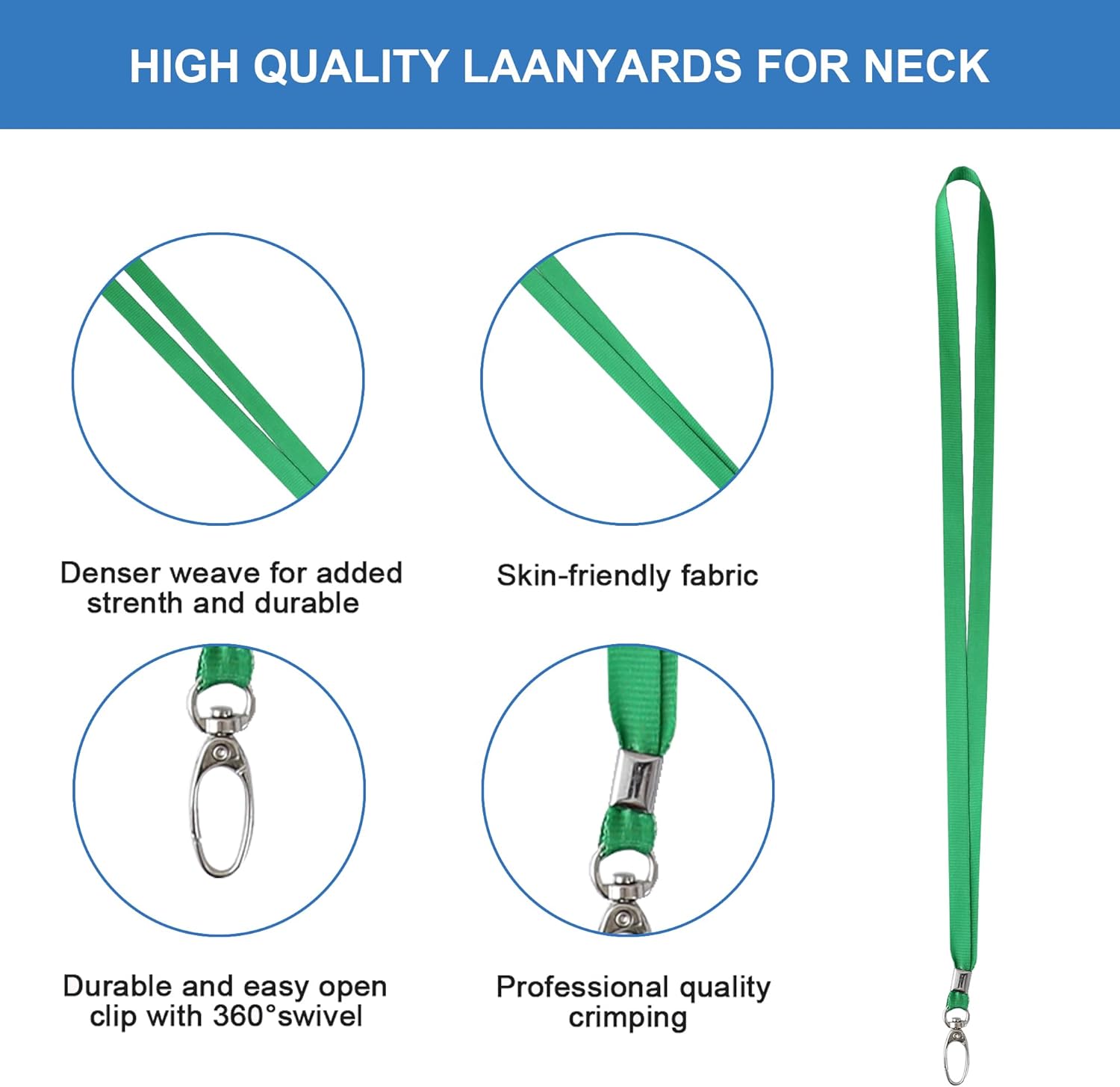Thumbnail 1 de ROSSHINE 25pcs green nylon neck lanyards with swivel metal hook (46cm) for keys, ID cards and badges