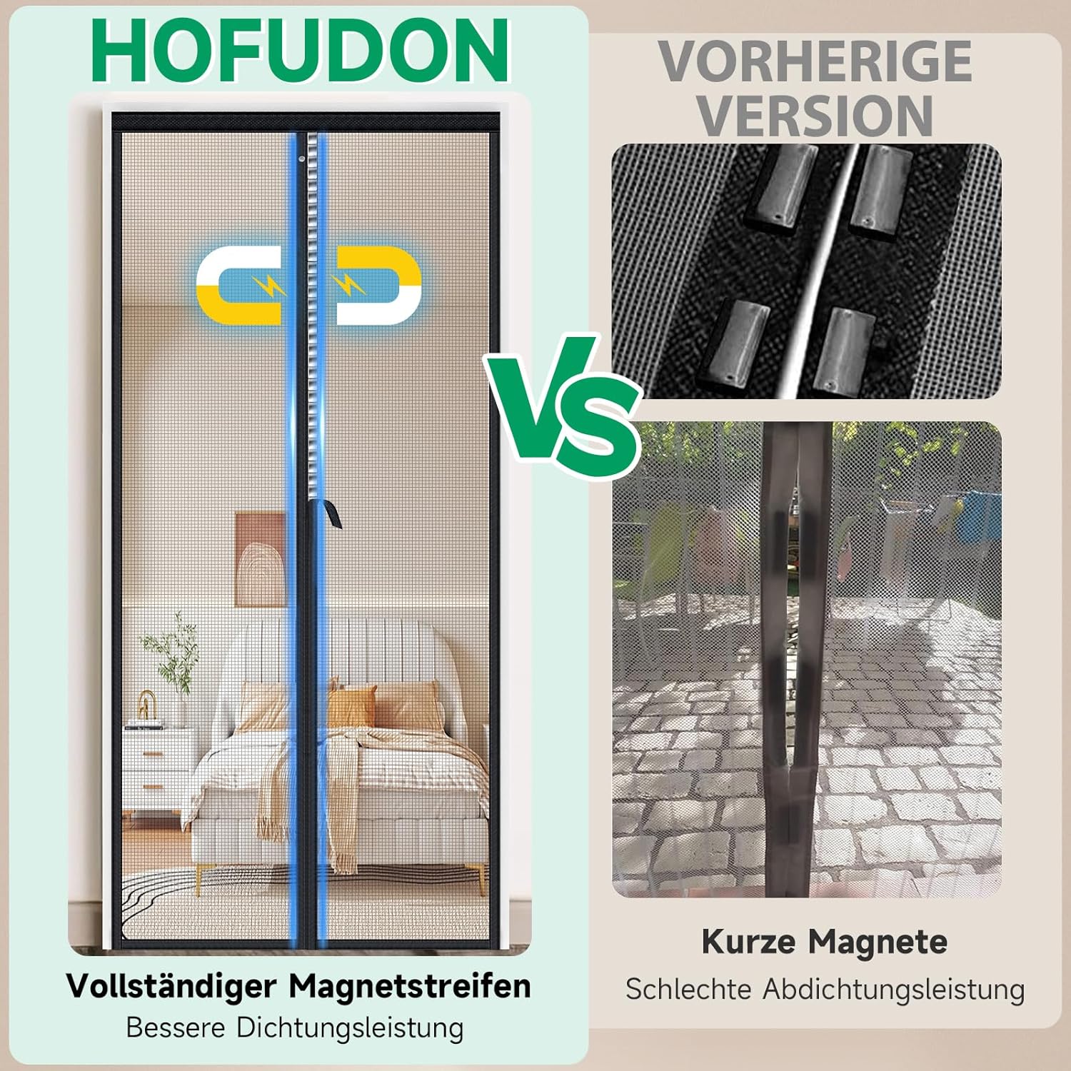 Detalle de HOFUDON Fliegengitter Balkontür Magnet (100 x 210 cm) mit durchgehender Magnetleiste – ohne Bohren
