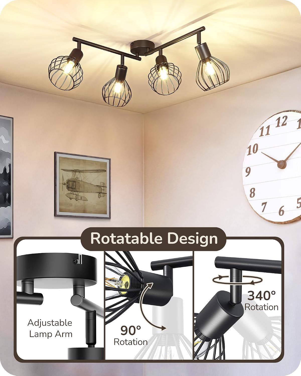 Detalle 2 de EDISHINE 4 Way Spotlights Ceiling Lights with 4 E14 LEDs – 3000K, Black Iron Cage