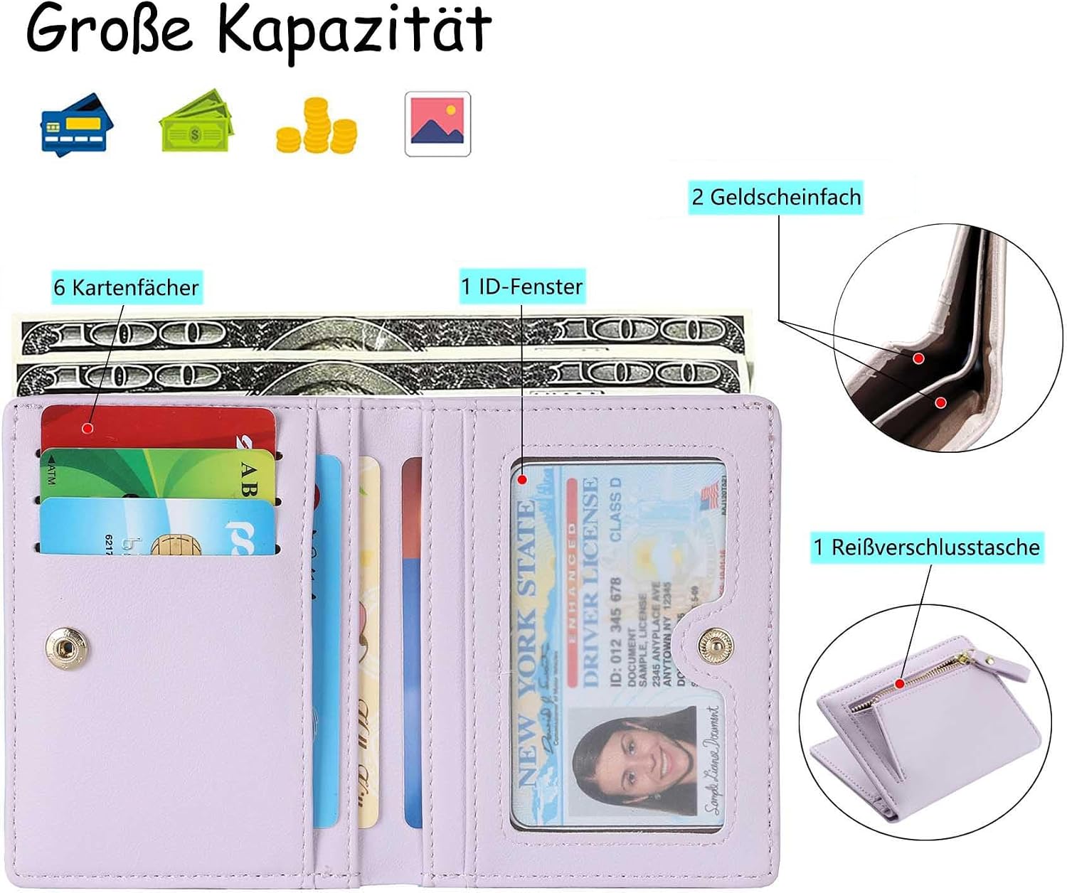 Thumbnail 2 de RRANCharltu Damen Geldbörse klein aus (Kunst-)Leder mit Reißverschluss, Hellviolett
