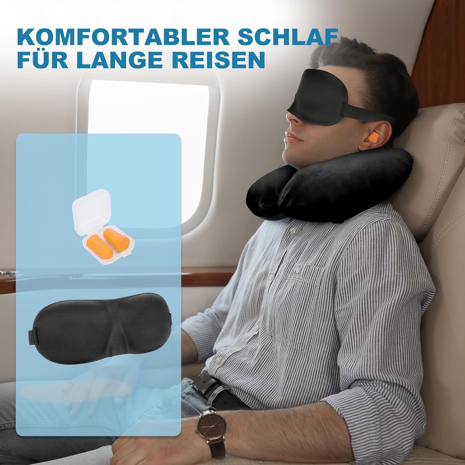 Detalle de Cirrorld Nackenkissen Flugzeug Aufblasbar – Reisekissen mit Augenmaske und Ohrstöpseln (Schwarz)
