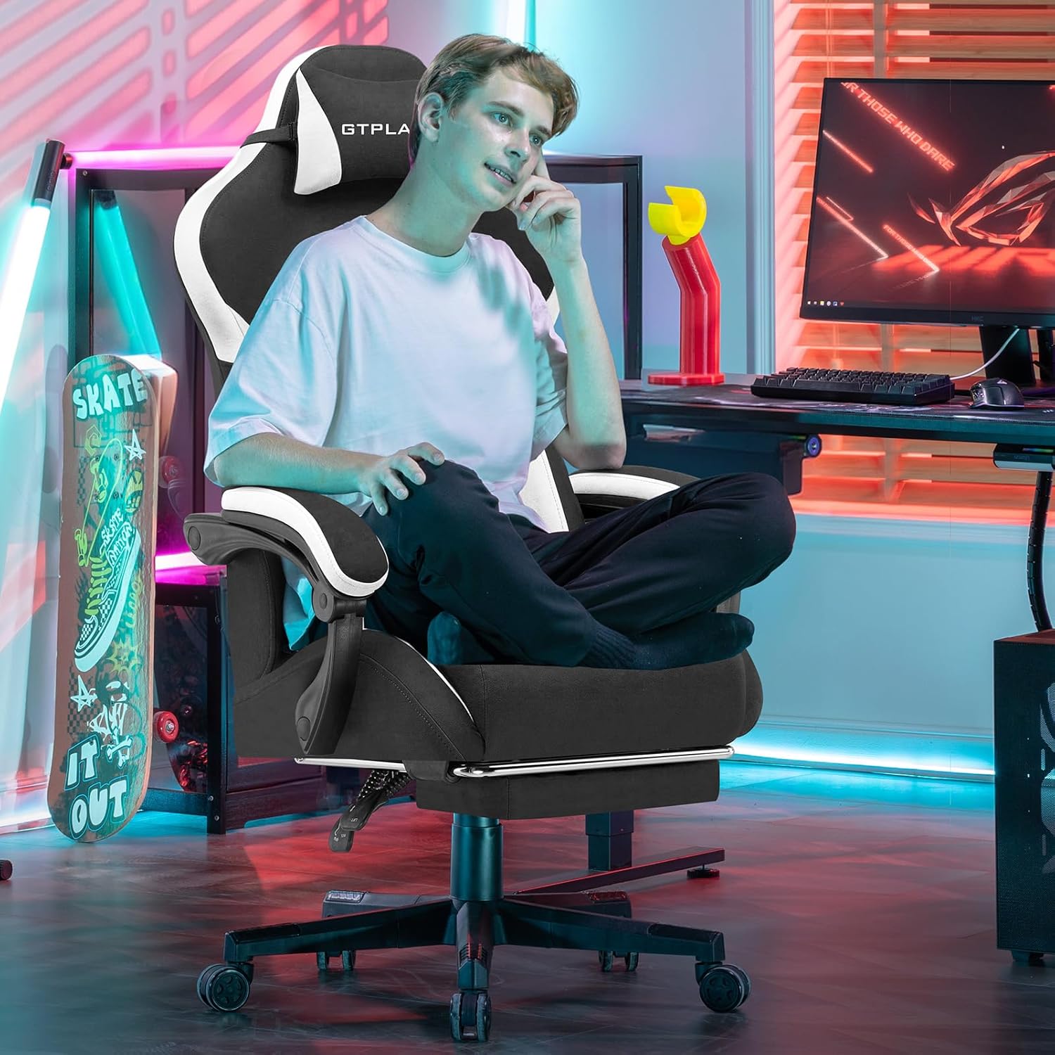 Detalle 2 de GTPLAYER Gaming Stuhl – Ergonomischer Stoff-Gamingstuhl mit Lendenwirbelstütze und ausziehbarer Fußstütze