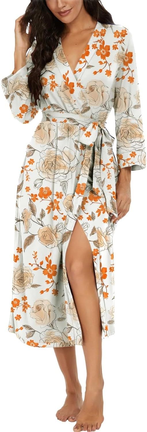 Thumbnail 6 de PrinStory Damen Bademantel mit 3/4-Ärmeln, V-Ausschnitt & Kimono-Schnitt (leichter Morgenmantel)