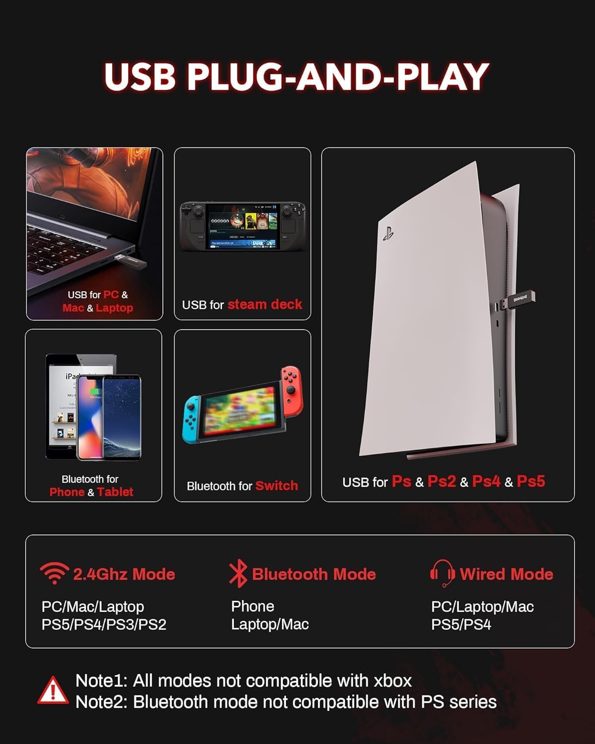 Thumbnail 6 de BINNUNE Wireless Gaming Headset for PS5/PC with 2.4GHz + Bluetooth 5.3, 120H Battery, Noise-Canceling Mic (Black)