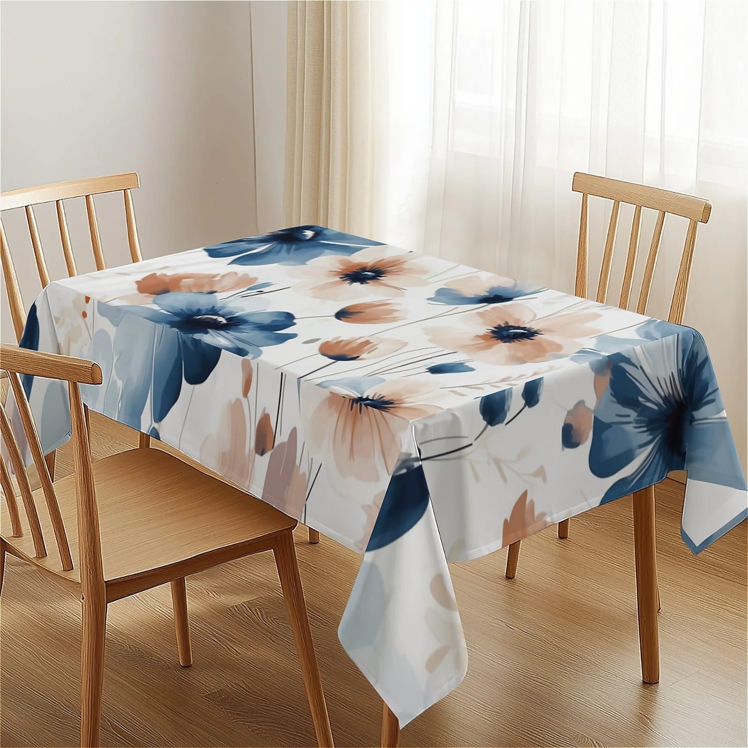 Thumbnail 5 de arts lion Rectangle Waterproof 60x102in Wipeable Table Cover – Non-PVC Fabric, Ink Blue and Orange Floral Design