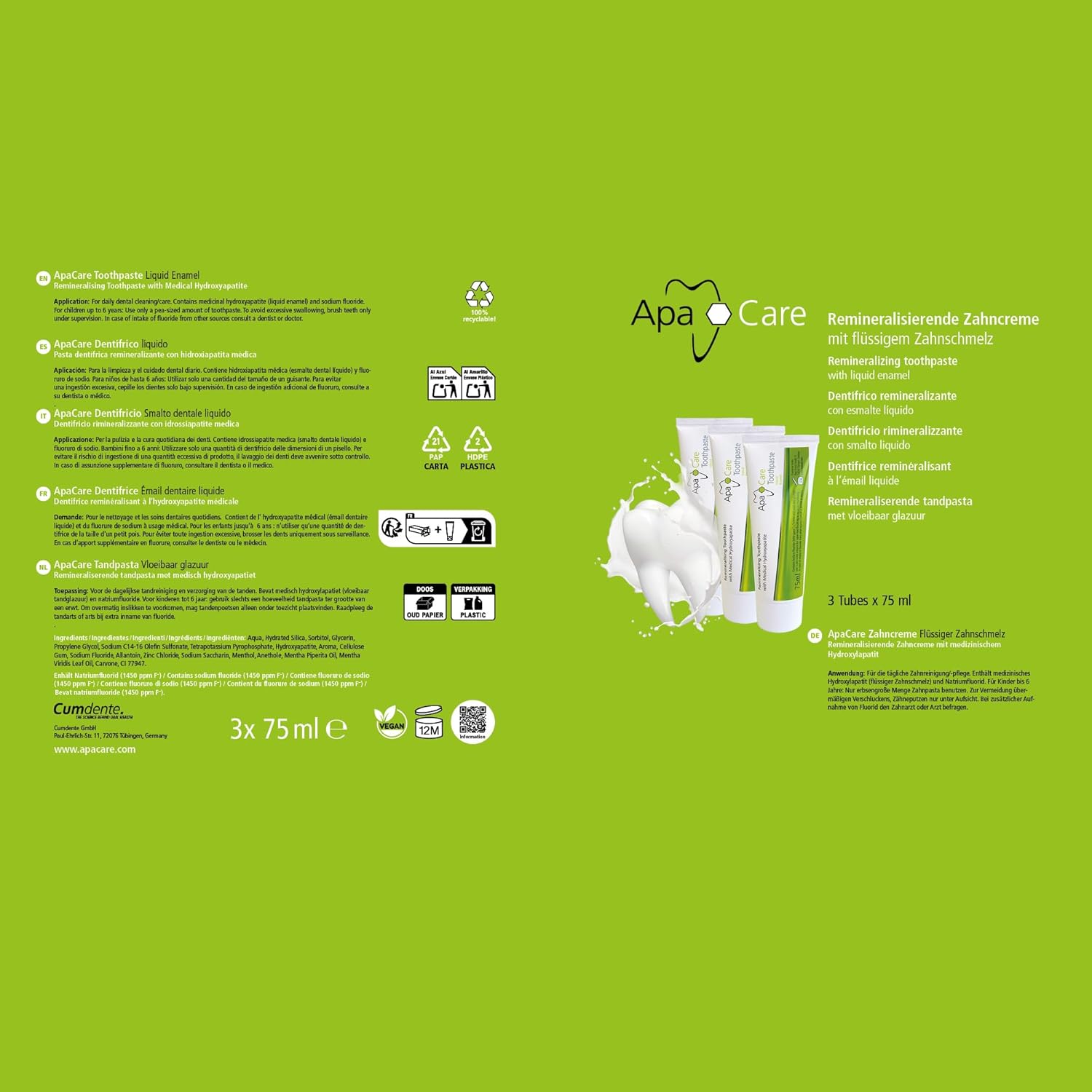 Thumbnail 4 de ApaCare Dentifricio rimineralizzante con smalto liquido – 12 x 75 ml, idrossiapatite medicinale e fluoro