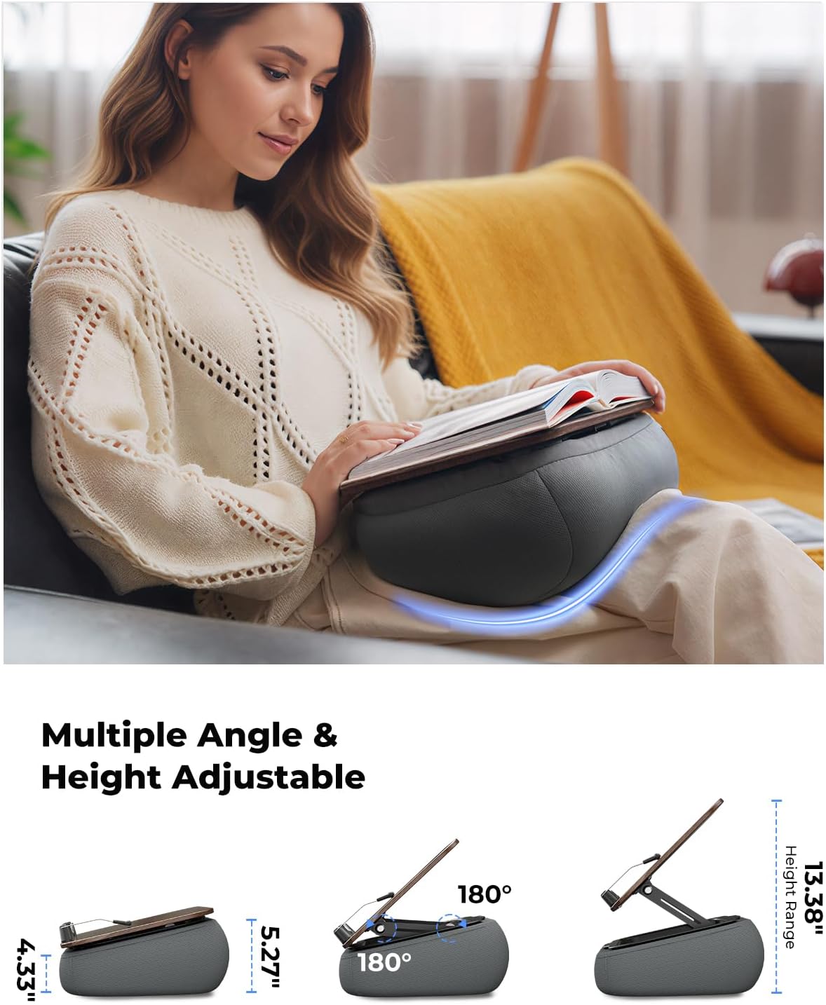 Detalle de Viozon Lap Book Pillow Stand with Storage, Adjustable Dark Wood Panel
