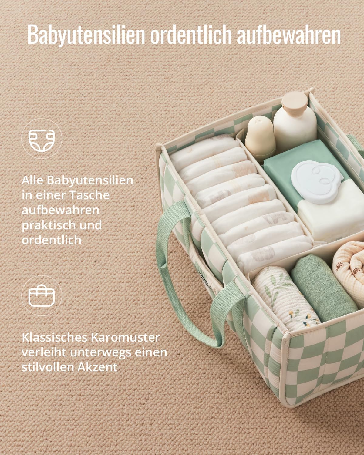 Thumbnail 1 de Blissful Diary Wickeltisch-Organizer: Stilvoller Wickelkorb für Babybedarf, Grün kariert