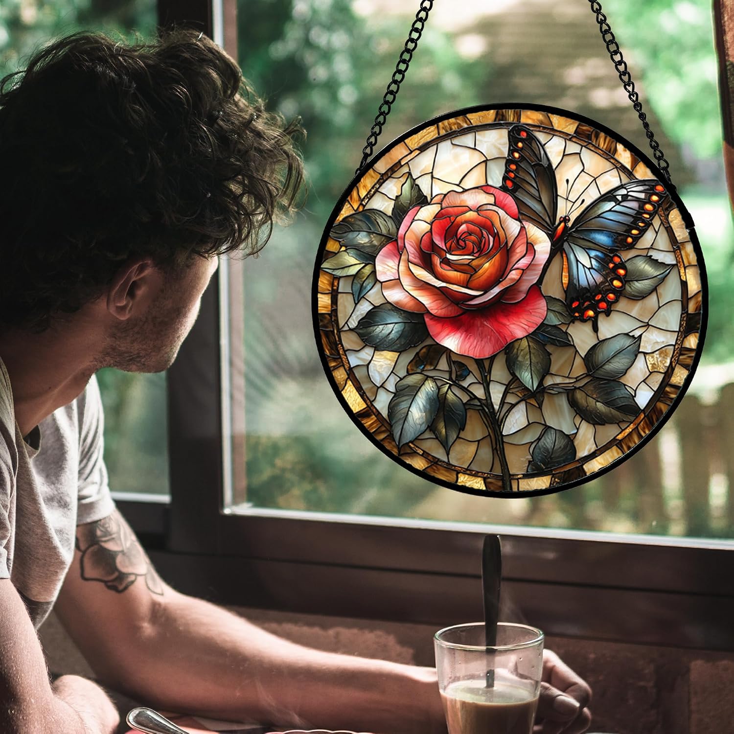 Detalle 2 de HWRHTR Stained Glass Window Hanging, Red Rose & Black Butterfly Suncatcher, 6.3 x 6.3 in