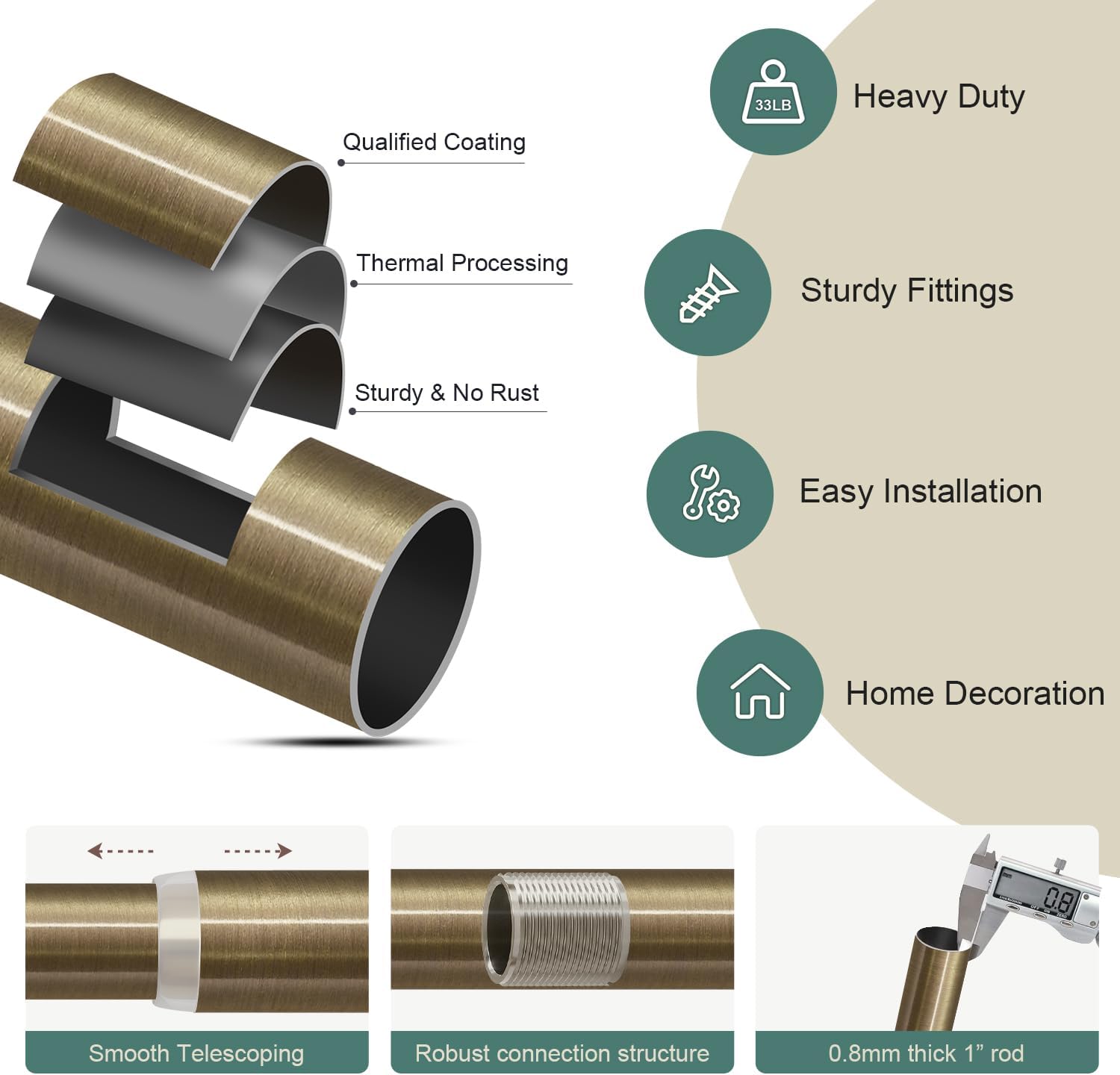 Thumbnail 6 de Lootkell 2 Pack Bronze Curtain Rods: Heavy-Duty, Adjustable 32–88 Inches with Solid Metal Finials