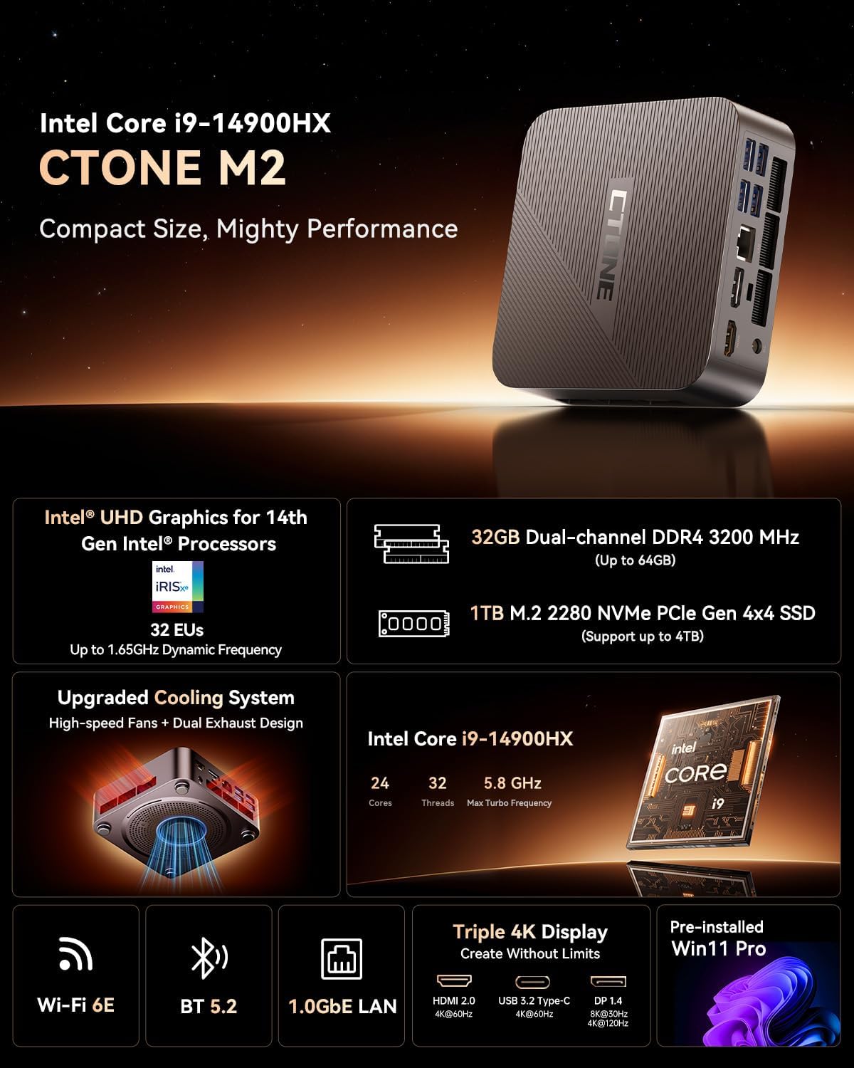 Detalle 2 de CTONE M2 Mini PC mit Intel Core i9-14900HX: Leistungsstarker Kompakt-Desktop für Business und Office