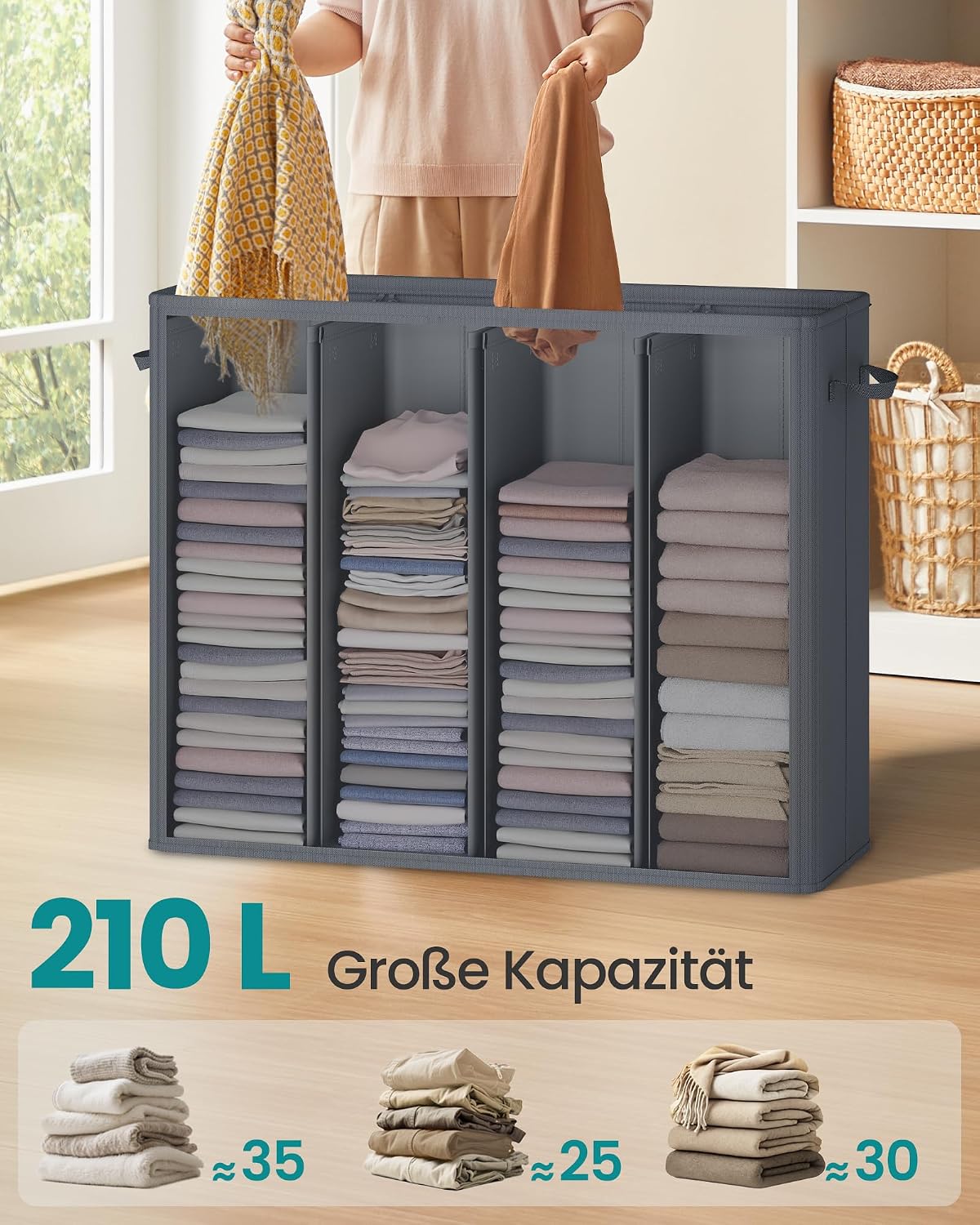 Detalle de SONGMICS Wäschekorb mit 4 Fächern (210 L) und Deckel – dunkelgrau, herausnehmbarer Innensack RLH014G01