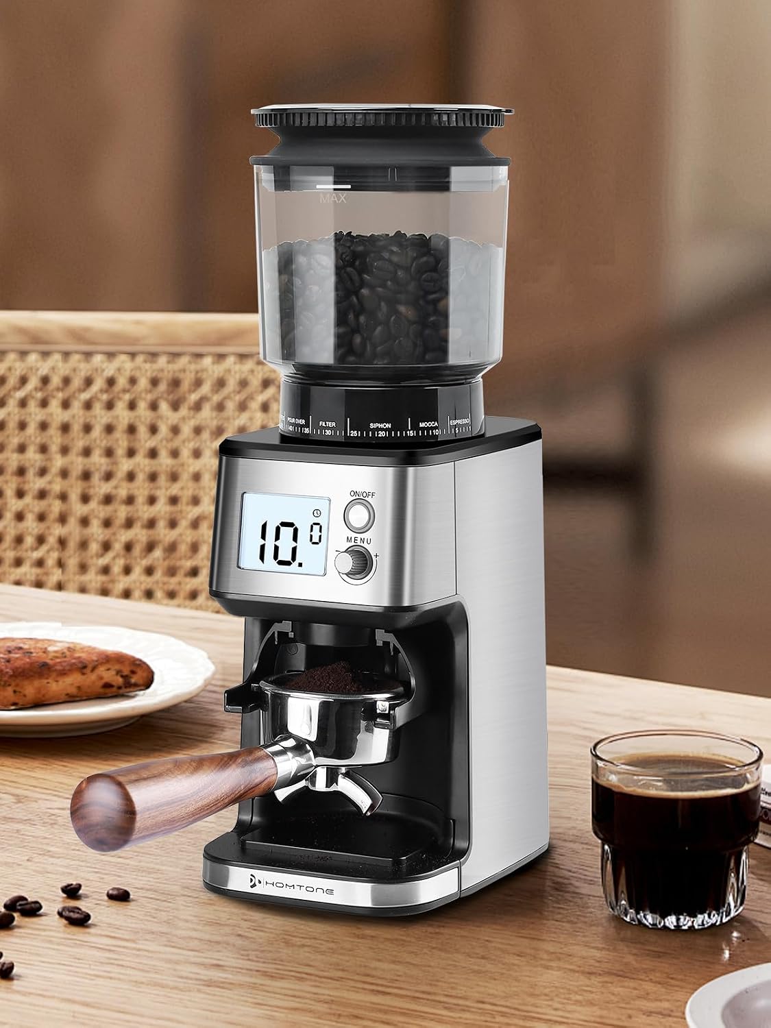 Detalle de Homtone elektrisk kaffekvarn med 40 mm koniskt malverk och 51 inställningar
