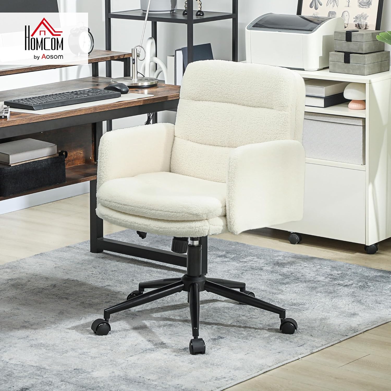 Thumbnail 1 de HOMCOM Chaise de bureau ergonomique en tissu effet laine bouclée, hauteur réglable et pivot 360°