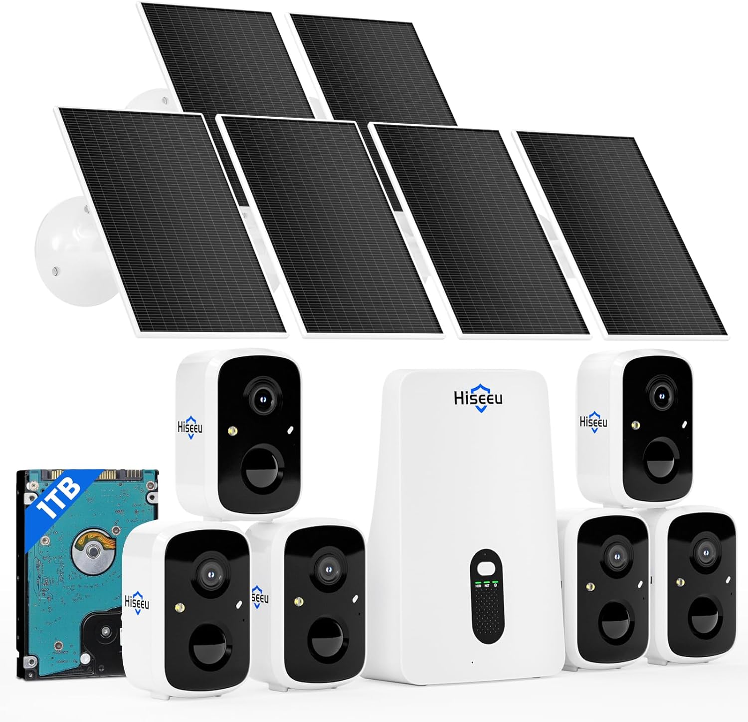 Hiseeu Solar Security Cameras Wireless Outdoor System, 6-Ch Kit (Expandable to 10CH) with 2K Color Night Vision and 1TB HDD