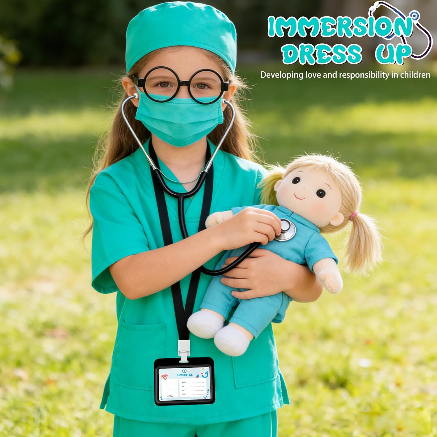 Detalle 1 de Wuclad 7-Piece Kids Doctor Costume with Scrubs and Working Stethoscope