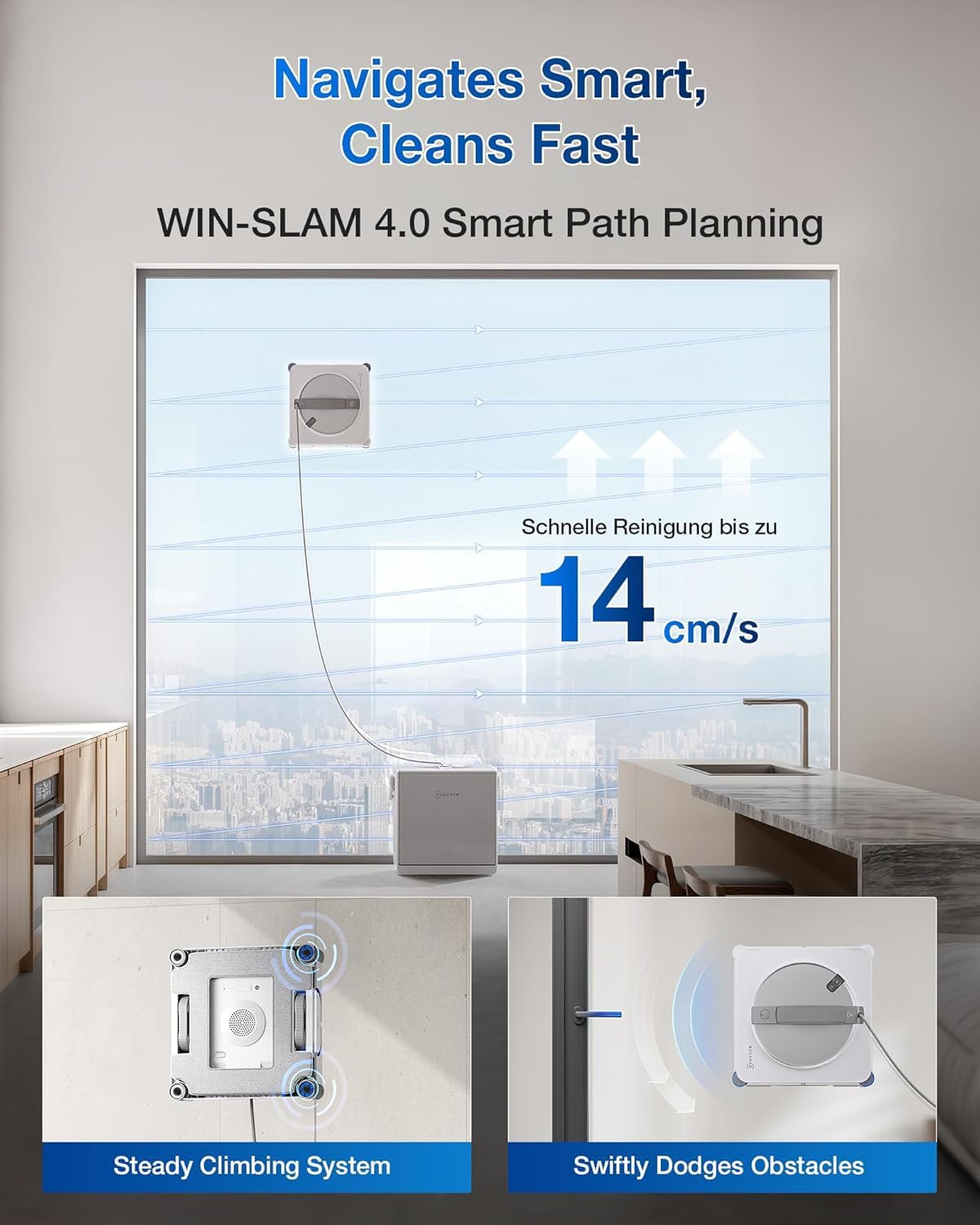 Detalle de ECOVACS WINBOT W2S OMNI robotic window cleaner with Smart Station, TruEdge scrubber and app control