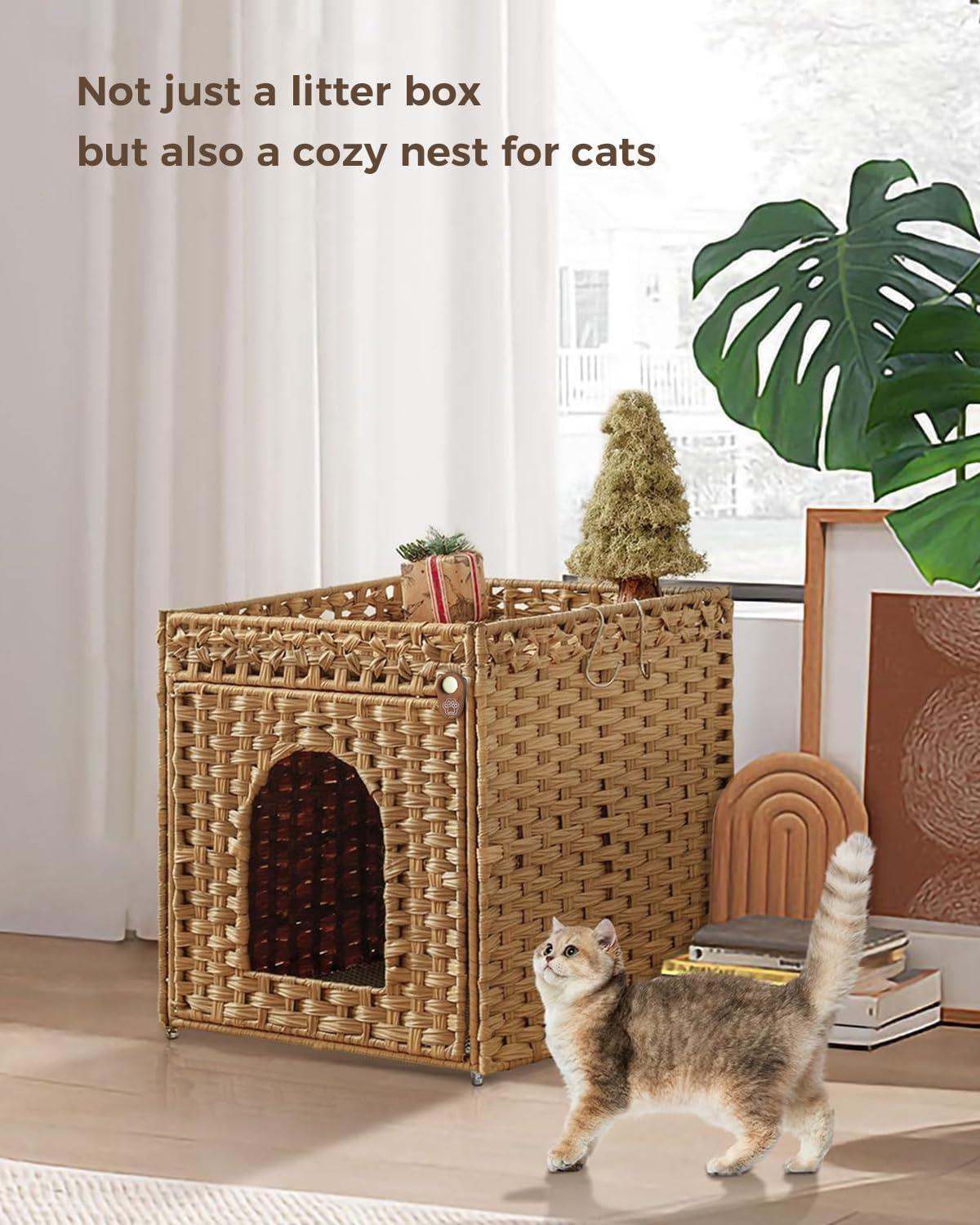 Detalle 2 de Klippehop Katzenhaus Katzenschrank für Katzentoilette – verstecktes Rattan-Möbelstück mit Katzentoilette Matte (Natur, Basic Model)