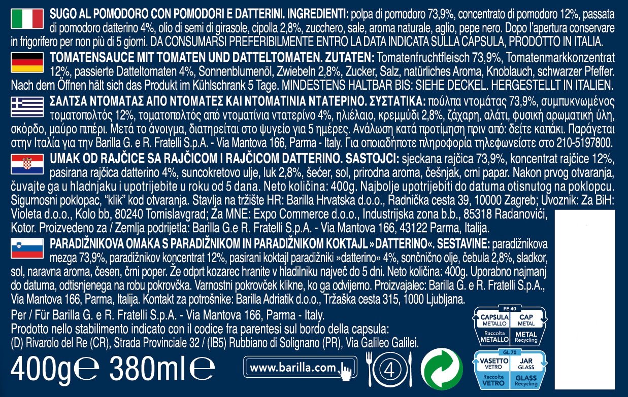 Detalle 2 de Barilla Pastasauce Pomodoro – Tomatensauce, 3er-Pack (je 400 g) – vegetarisch, vegan, gluten- & laktosefrei