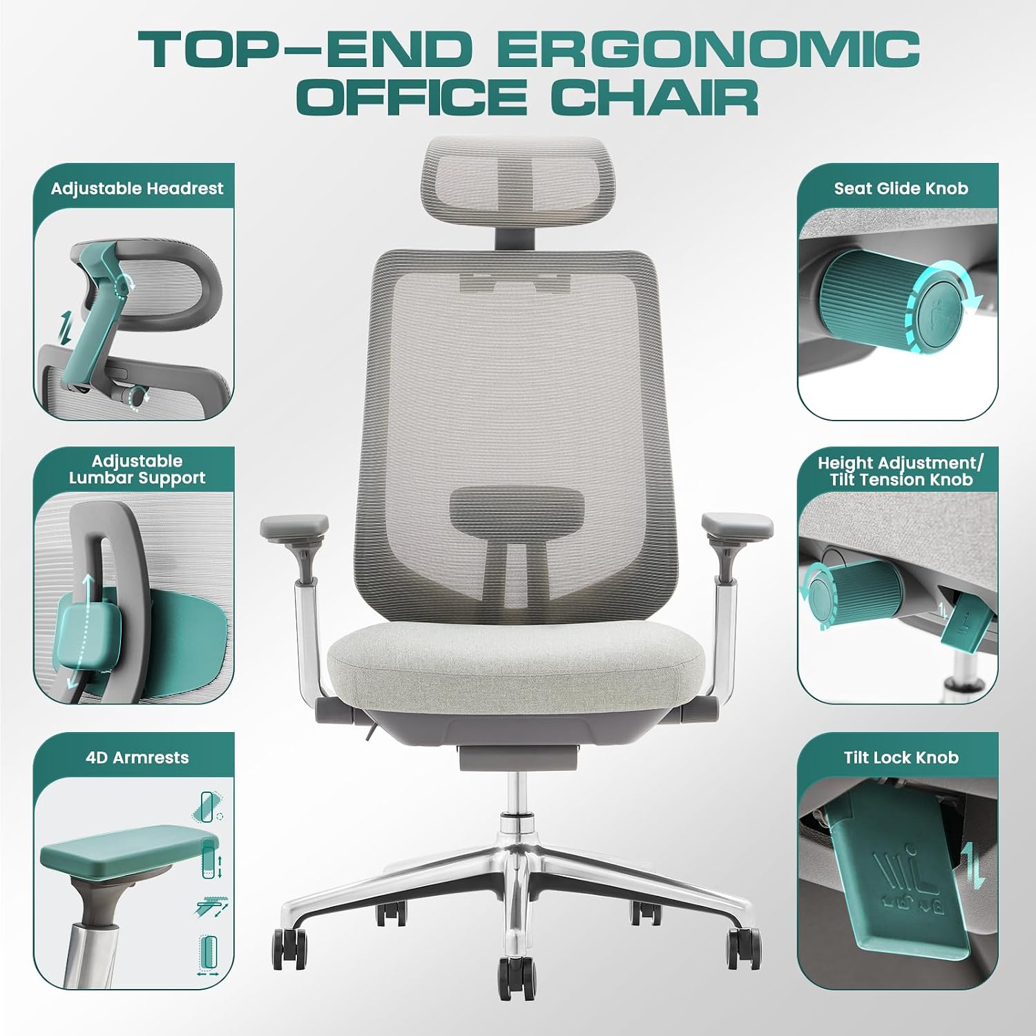 Detalle de COLAMY XK-Atlas Ergonomic Mesh Office Chair with Adjustable Headrest and 4D Arms