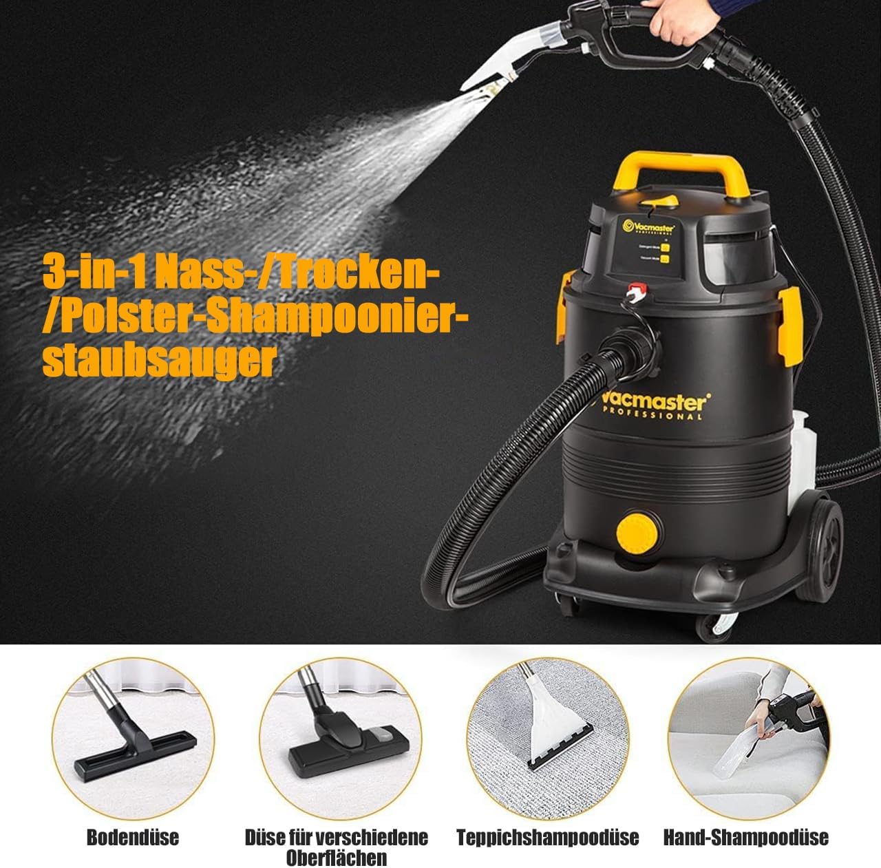Detalle de Vacmaster VK1330PWR 1300W 30L 3-in-1 Nass- und Trocken-Sauger – Bodenreiniger für Hartböden, Teppiche und Polster