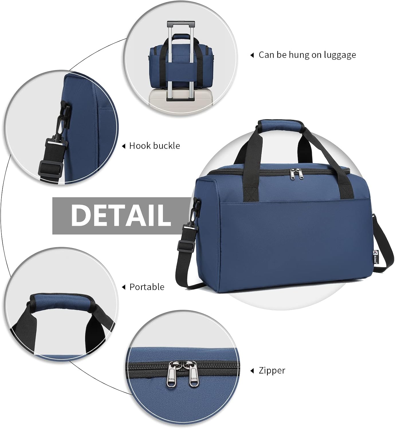 Detalle de Kono 40x20x25 Under-Seat Cabin Holdall, 20L Navy Oxford Cloth