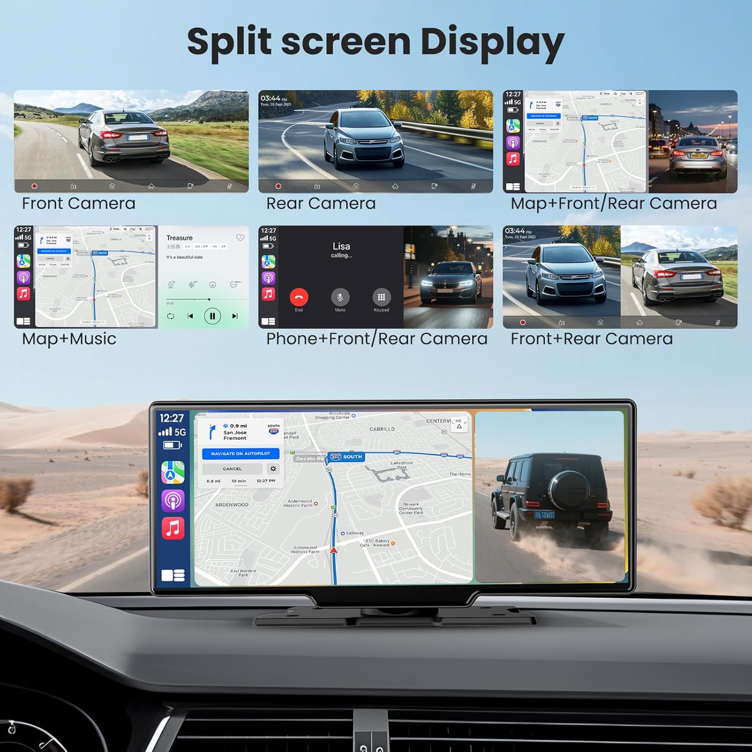 Thumbnail 4 de 11-Zoll Wireless CarPlay Display mit IPS-Touchscreen, 4K-Dashcam, Rückfahrkamera und Split Screen