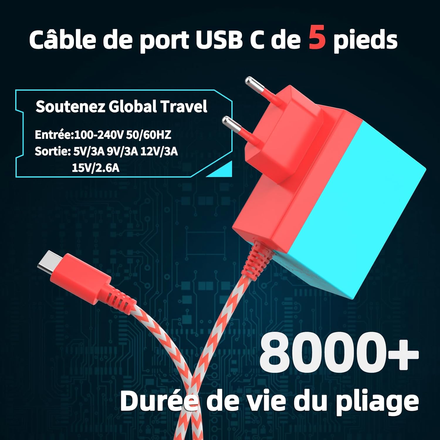 Detalle de Etssembo Chargeur Switch 15V 2,6A — Adaptateur Secteur USB‑C pour Switch Lite / Switch OLED / Switch