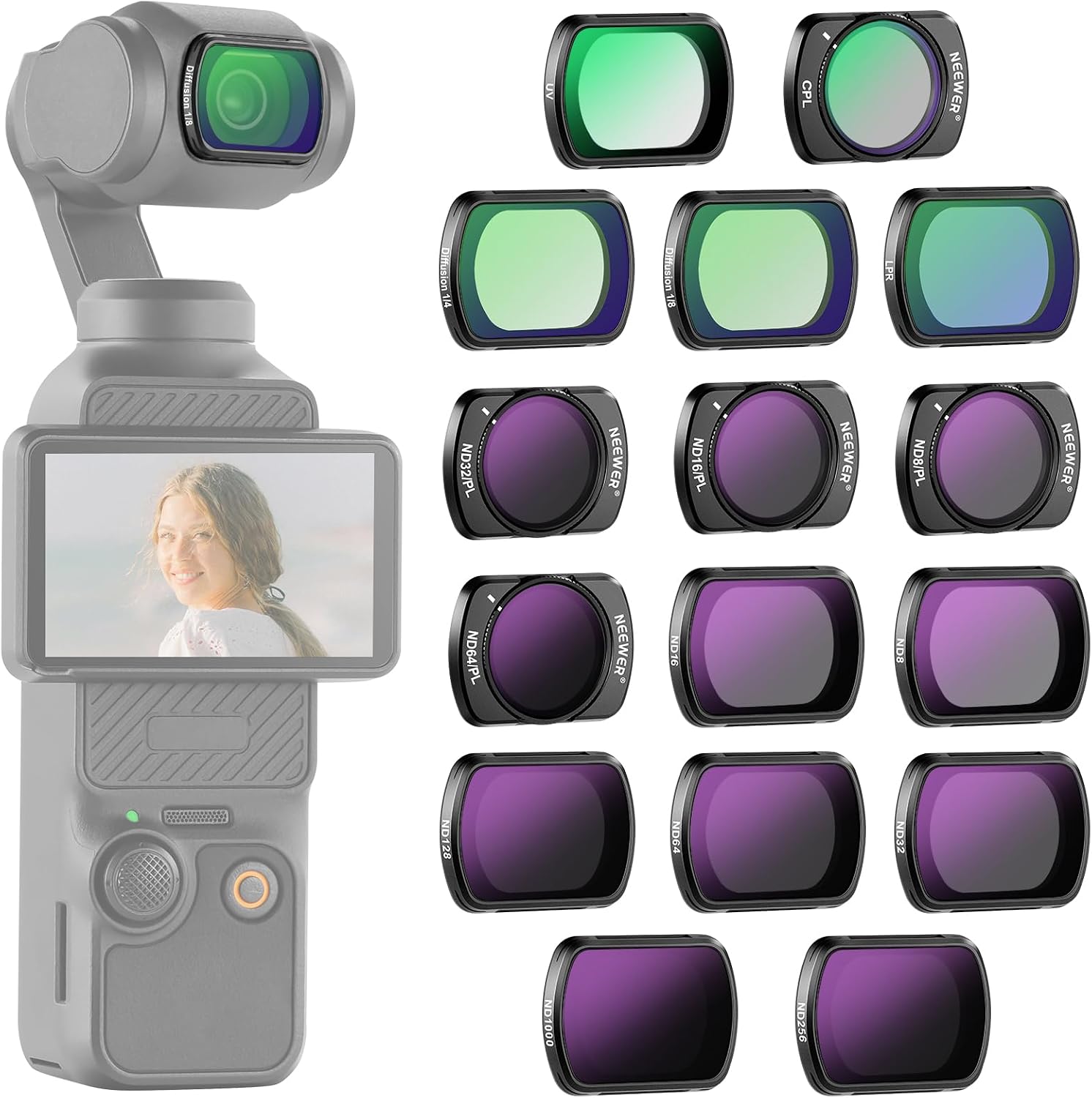 Detalle de NEEWER pack de 16 filtres ND pour DJI Osmo Pocket 4 et Pocket 3 (ND8 à ND1000, CPL, UV, FL-B06)