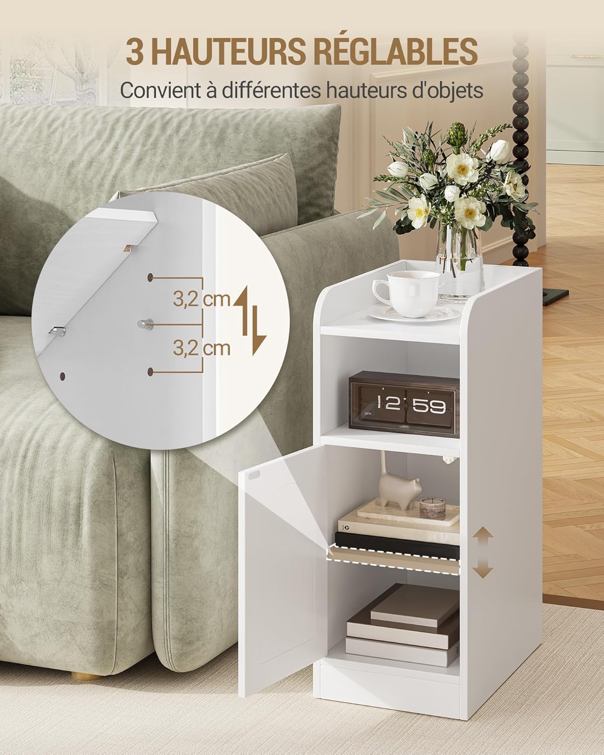 Detalle 2 de Hzuaneri Table de Chevet étroite avec porte d'armoire – blanc (NS00303X)