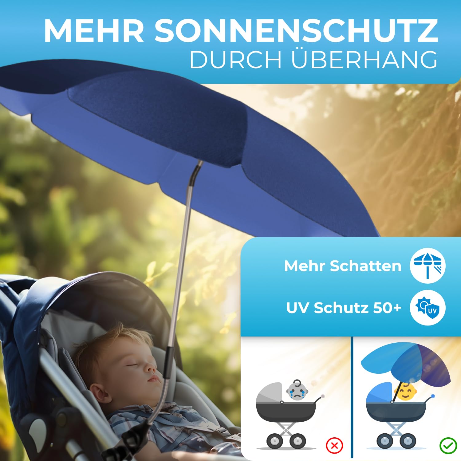 Thumbnail 1 de STYNGARD Sonnenschirm für Kinderwagen – UV-Schutz 50+, 70 cm Durchmesser mit Überhang (Modell ROME)