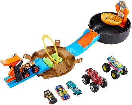 Detalle de Hot Wheels Monster Trucks Pista Acrobacias con 3 Vehículos 🚙
