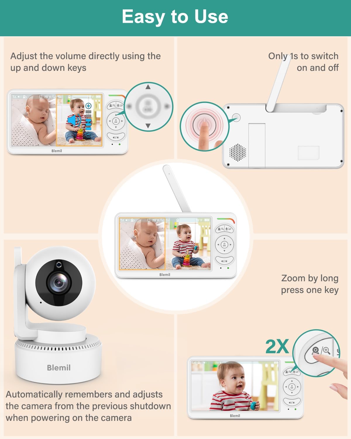 Detalle 2 de Blemil BL9064-2 Video Baby Monitor, 6-Inch Split Screen, 2 Cameras, No Wi-Fi