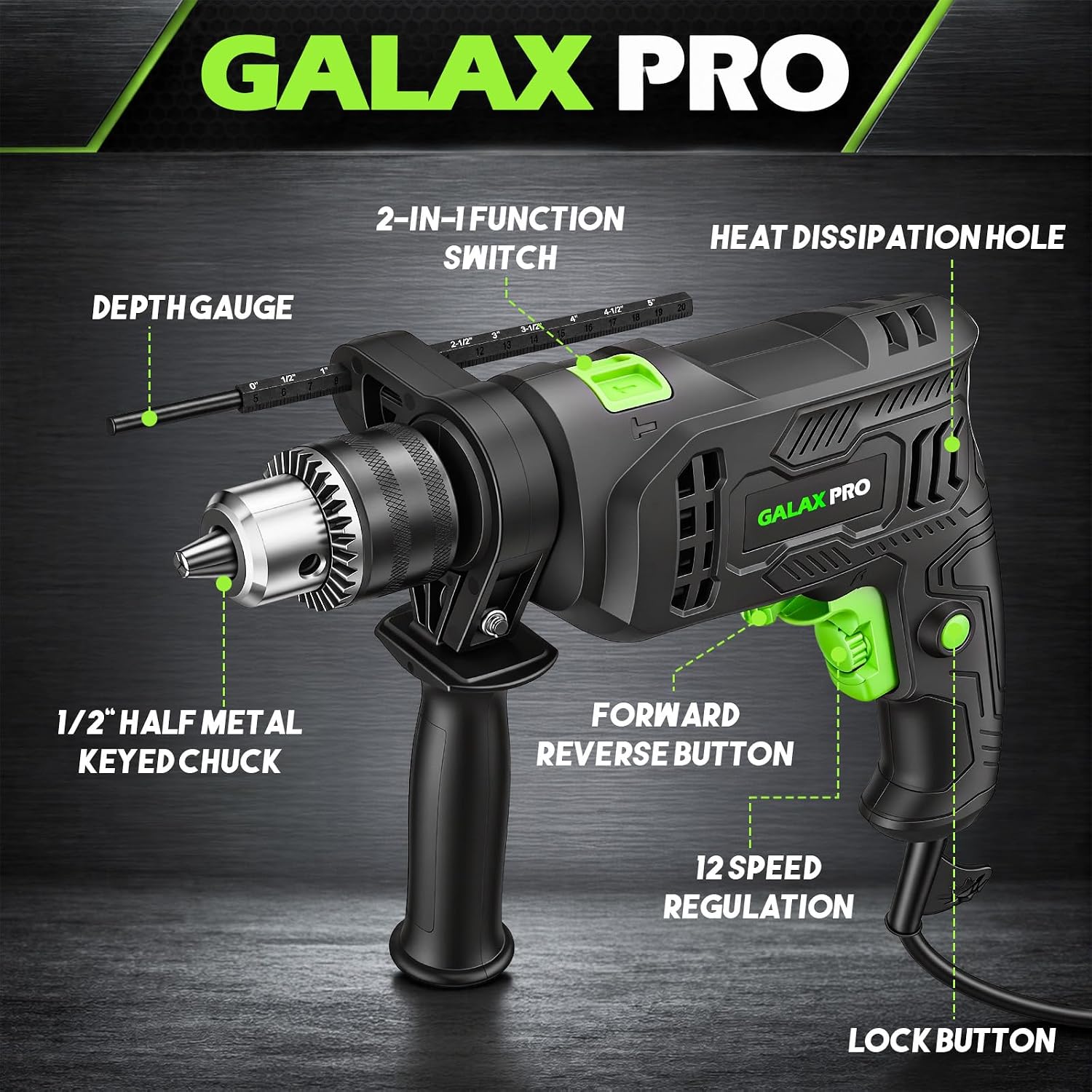 Detalle de GALAX PRO 57325 Corded Hammer Drill, 4.5 A, 1/2-Inch Metal Chuck