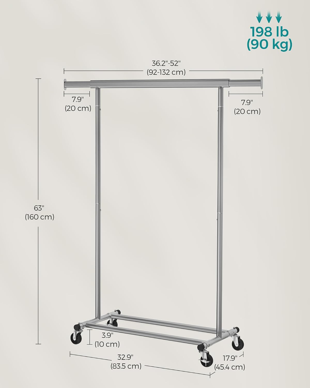 Detalle de SONGMICS PATAYE HSR013G01 uitschuifbaar kledingrek op wielen, duifgrijs