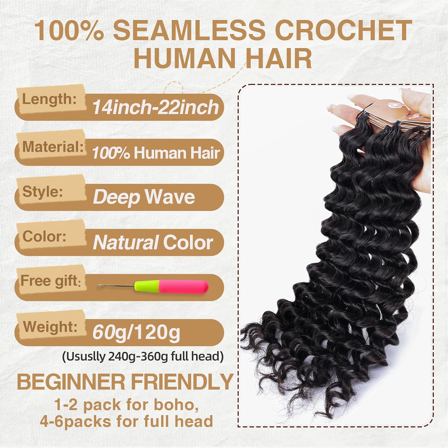 Detalle de Human Crochet Hair for Black Women: 14 Inch Feather Deep Wave Crochet Extensions, 60g, 50 Strands
